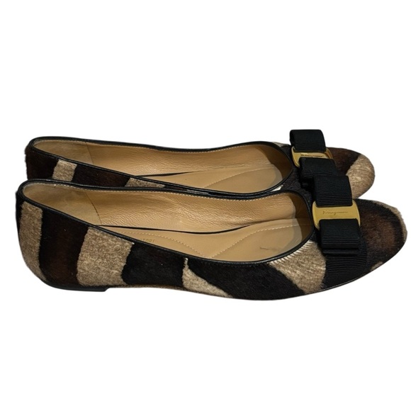 Salvatore Ferragamo ballet flats Varina calf hair tan brown stripe bow 6 US - Picture 2 of 11